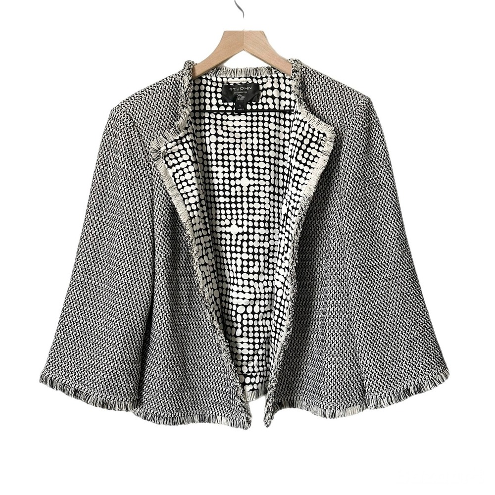 St. John Knit Jacket Wool Blend Black White Fringe Polka Dot Lining Size 14